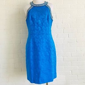 LAUNDRY BY SHELLI SEGAL DRESS TURQUOISE BLUE EMBELLISH NECKLINE SLEEVELESS